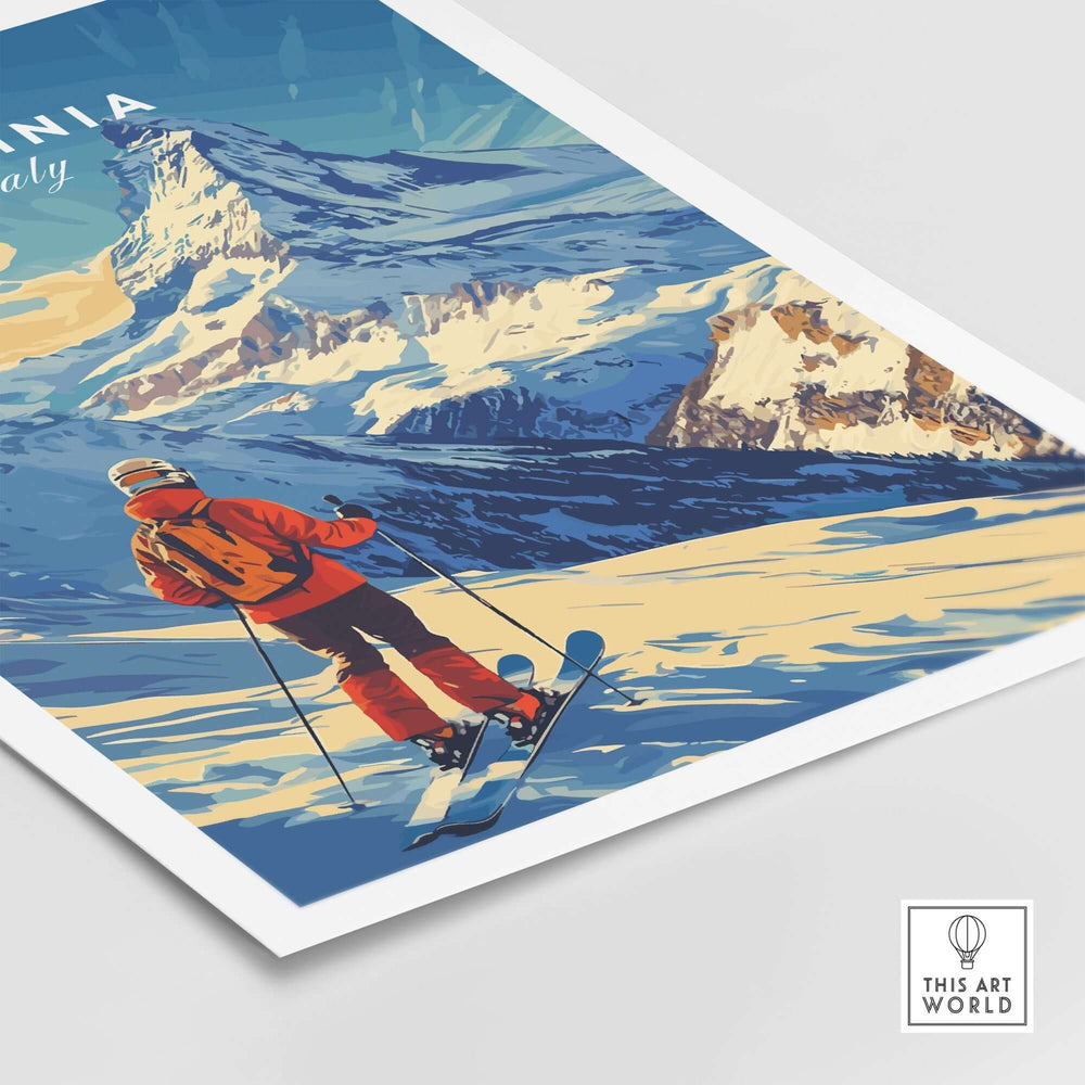 Ski print featuring a skier in Cervinia, Italy, showcasing stunning mountain scenery and vibrant colors.