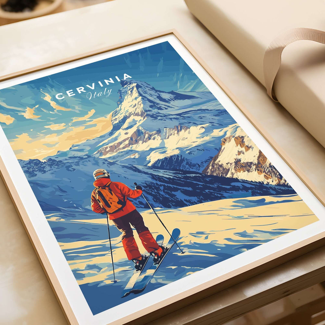 Vintage ski print of Cervinia, Italy featuring a skier on beautiful snowy slopes with mountain backdrop.