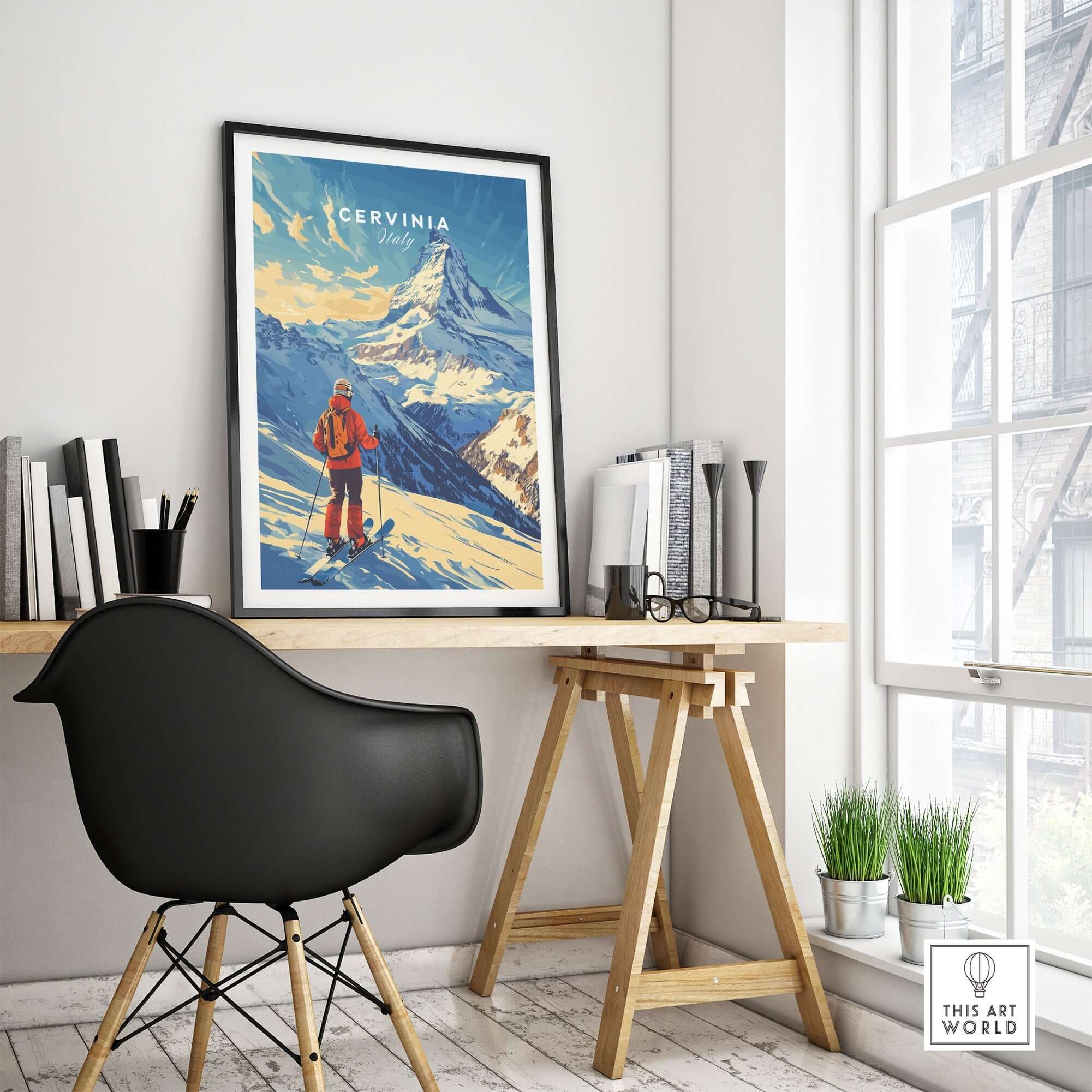 Ski print of Cervinia, Italy displayed in a stylish home office with modern decor and natural light.