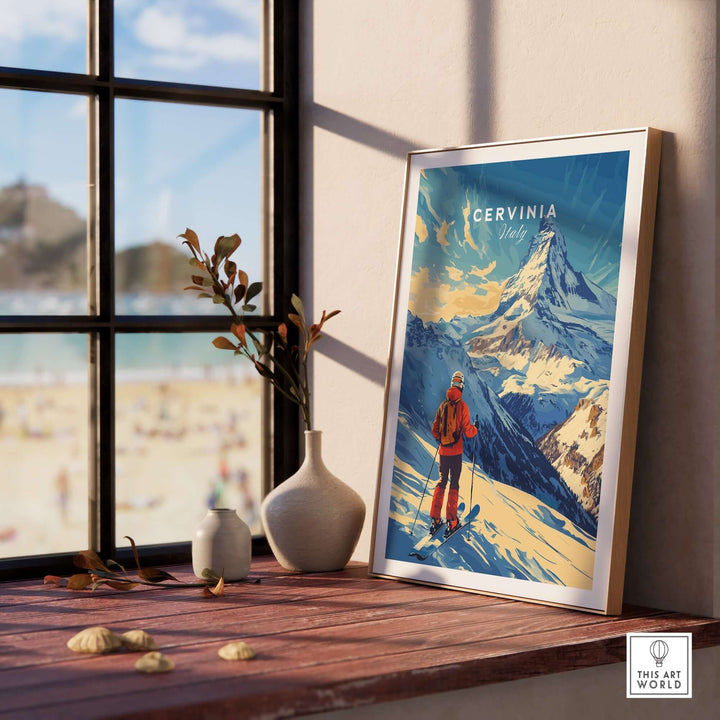 Ski print of Cervinia, Italy showcasing vibrant mountains and a skier, adding elegance to home décor.