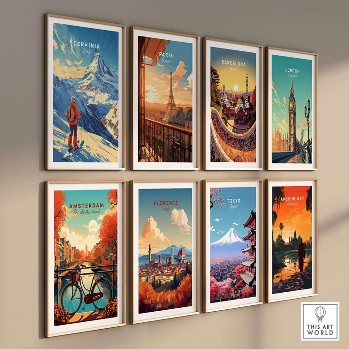 Nine travel prints featuring iconic cities including Cervinia, Paris, Barcelona, London, and more, showcasing vibrant landscapes.