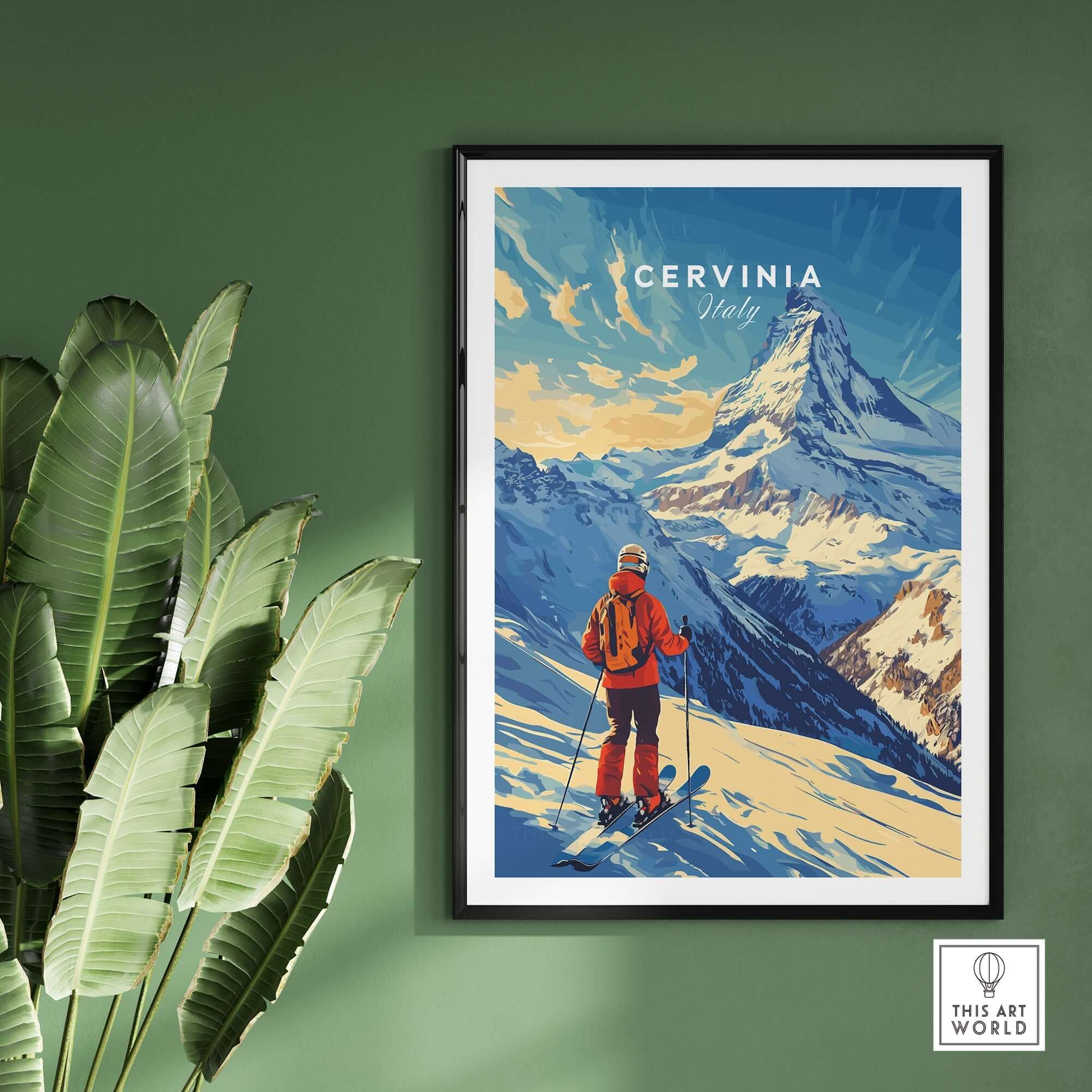 Ski print of Cervinia, Italy showcasing a skier on slopes with stunning mountain backdrop in a stylish frame.