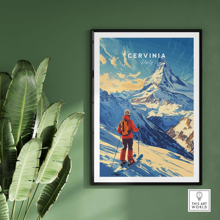 Ski print of Cervinia, Italy showcasing a skier on slopes with stunning mountain backdrop in a stylish frame.