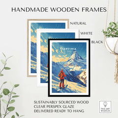 Handmade wooden frames in natural, black, and white for Ski Print Cervinia Italy, ready to hang and eco-friendly.