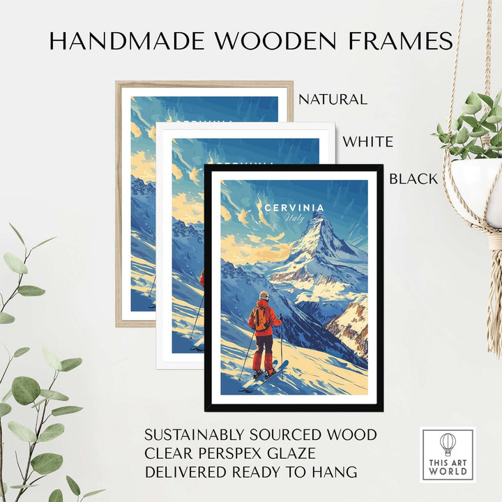 Handmade wooden frames in natural, black, and white for Ski Print Cervinia Italy, ready to hang and eco-friendly.