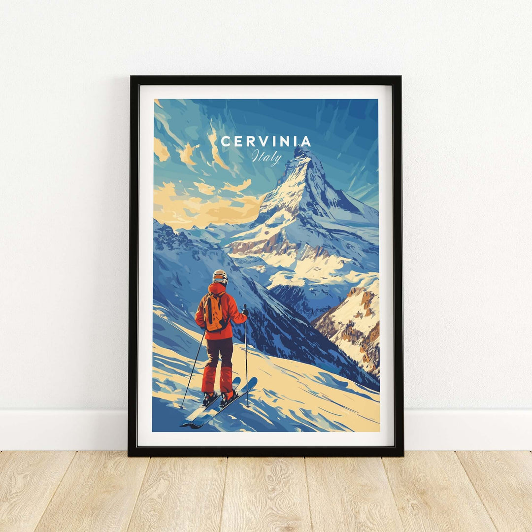 Ski print featuring a skier in Cervinia, Italy, showcasing stunning mountain scenery and vibrant colors.