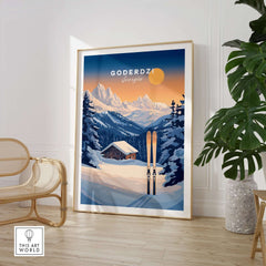 Ski Print of Goderdzi, Georgia showcasing mountains and skis, perfect for ski lovers' home decor.