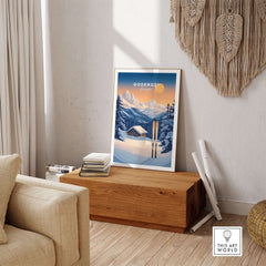 Ski print of Goderdzi, Georgia featuring mountains and skis, perfect for ski lovers' home decor.