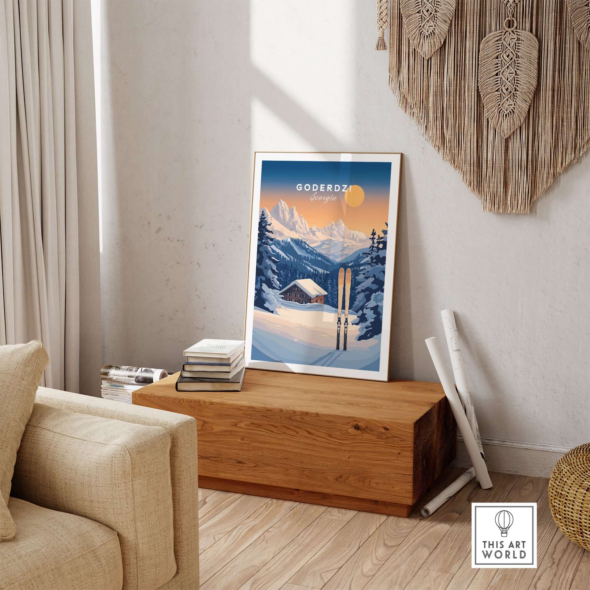 Ski print of Goderdzi, Georgia featuring mountains and skis, perfect for ski lovers' home decor.