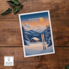 Ski print of Goderdzi, Georgia showcasing mountains and skis, perfect for ski lovers' home decor.