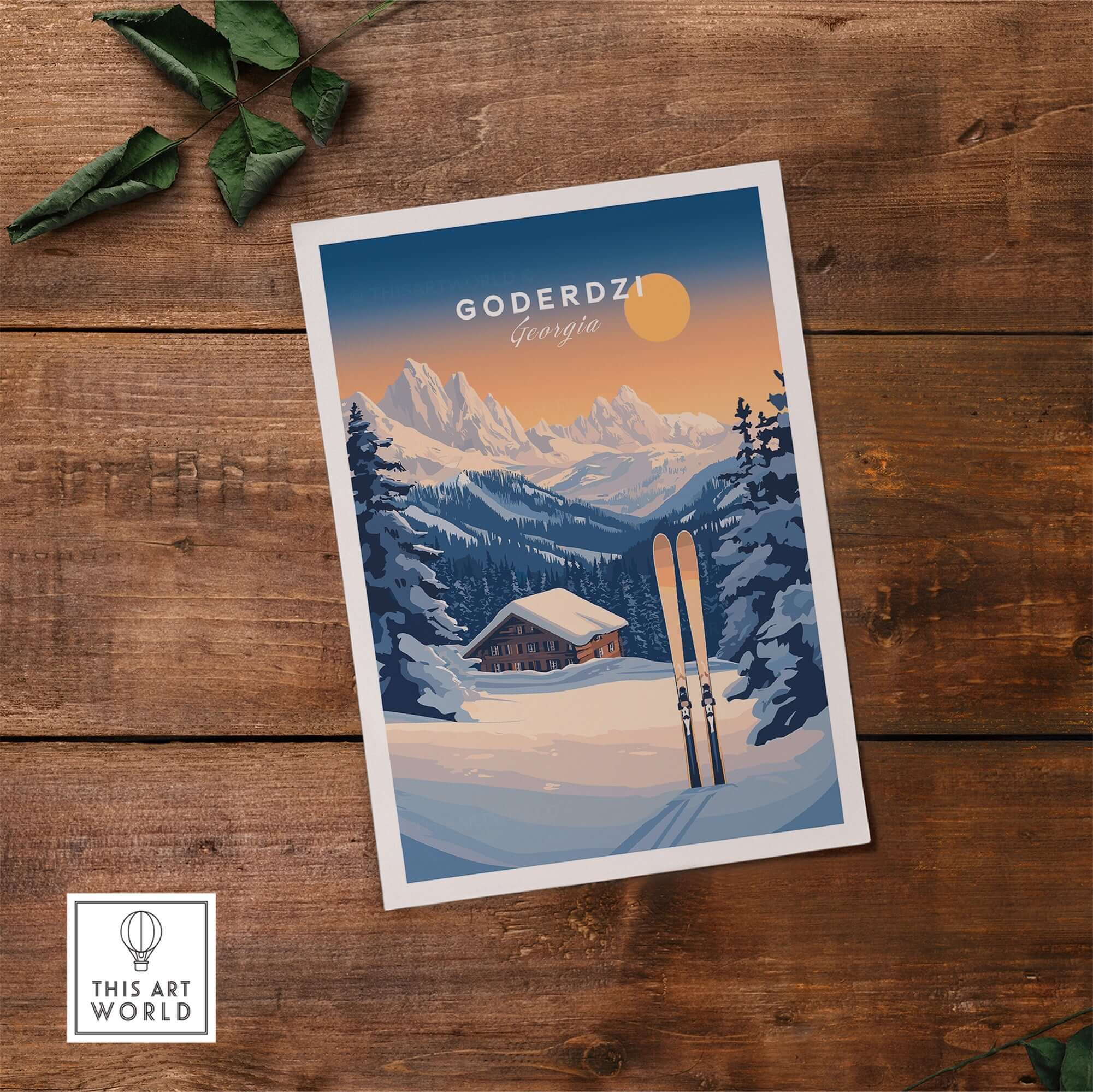 Ski print of Goderdzi, Georgia showcasing mountains and skis, perfect for ski lovers' home decor.