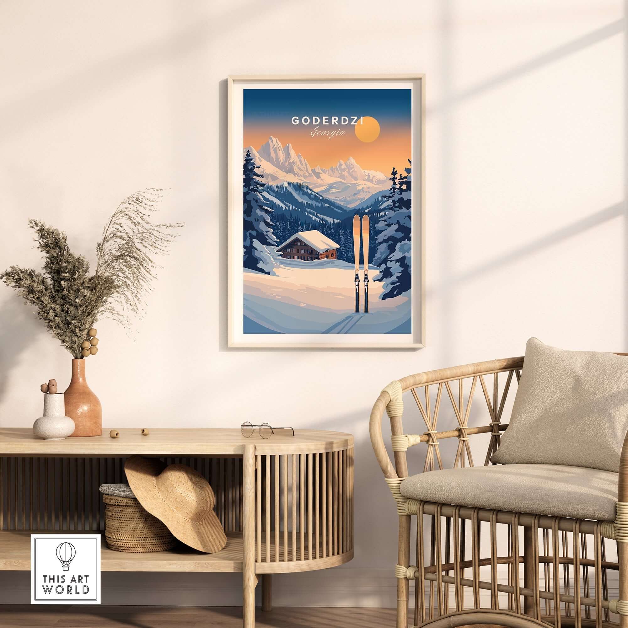 Ski Print of Goderdzi, Georgia showcasing mountains and a serene cabin in a cozy home setting. Perfect for ski enthusiasts.