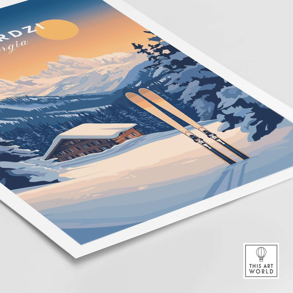 Ski print featuring snow-covered mountains and skis in Goderdzi, Georgia, capturing the thrill of winter sports.