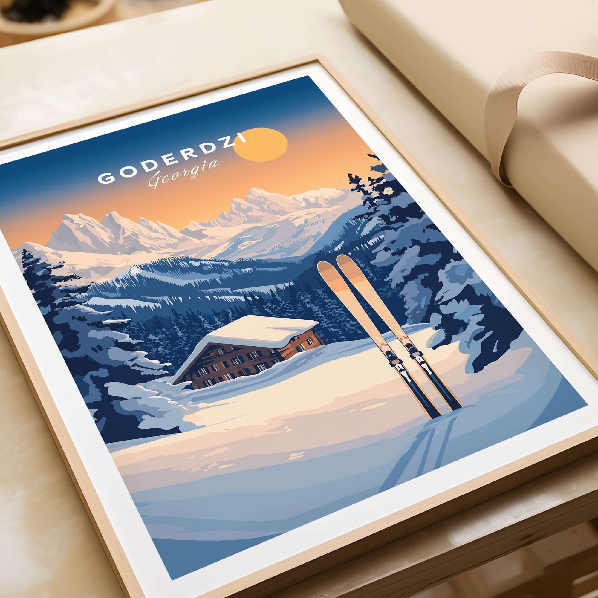 Ski Print of Goderdzi, Georgia featuring mountains and skis, perfect for ski enthusiasts' home decor.