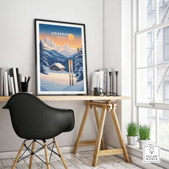Ski print of Goderdzi, Georgia featuring mountains and a cabin, perfect for ski lover's home decor.