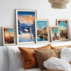 Ski Print showcasing Goderdzi, Georgia with stunning mountain scenery and framed travel art on a stylish home decor display.