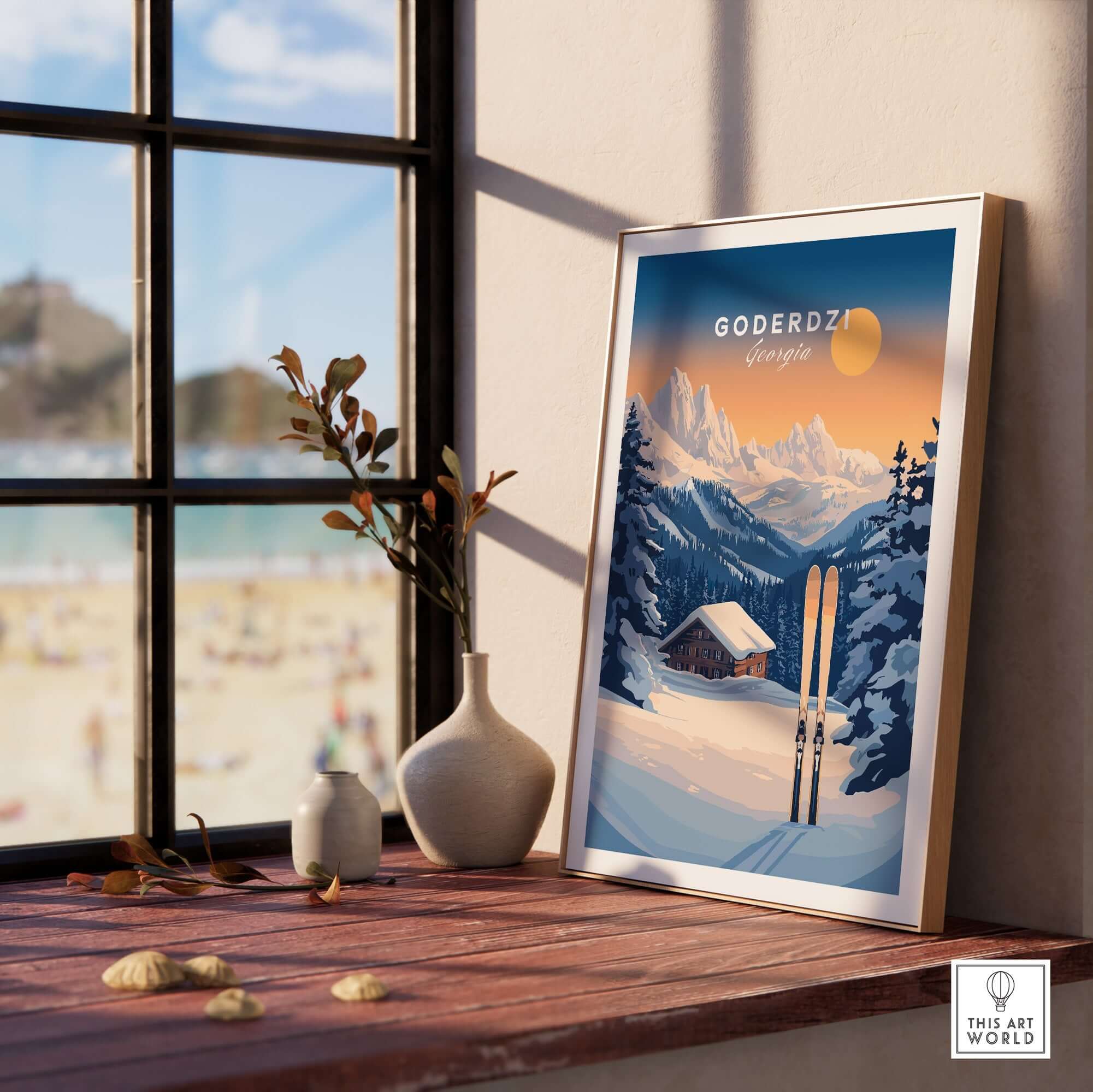 Ski print of Goderdzi, Georgia showcasing snowy mountains and rustic cabin, perfect for ski enthusiasts' home decor.