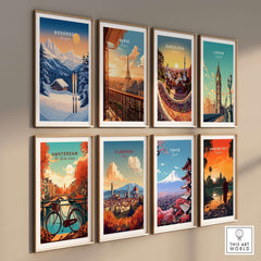 Gallery wall showcasing travel prints including Goderdzi, Paris, Barcelona, London, Amsterdam, Florence, Tokyo, and Angkor Wat.
