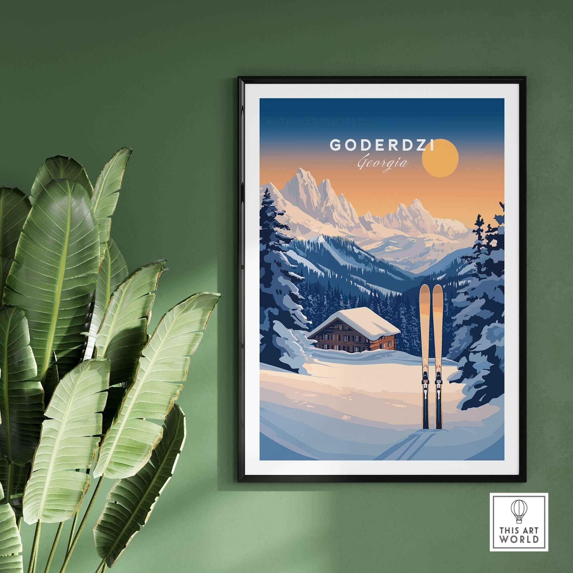 Ski print of Goderdzi, Georgia showcasing mountains, cabin, and skis against a sunset backdrop, perfect for ski lovers' decor.