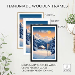Handmade wooden frames in natural, white, and black styles for showcasing ski prints from Goderdzi, Georgia.
