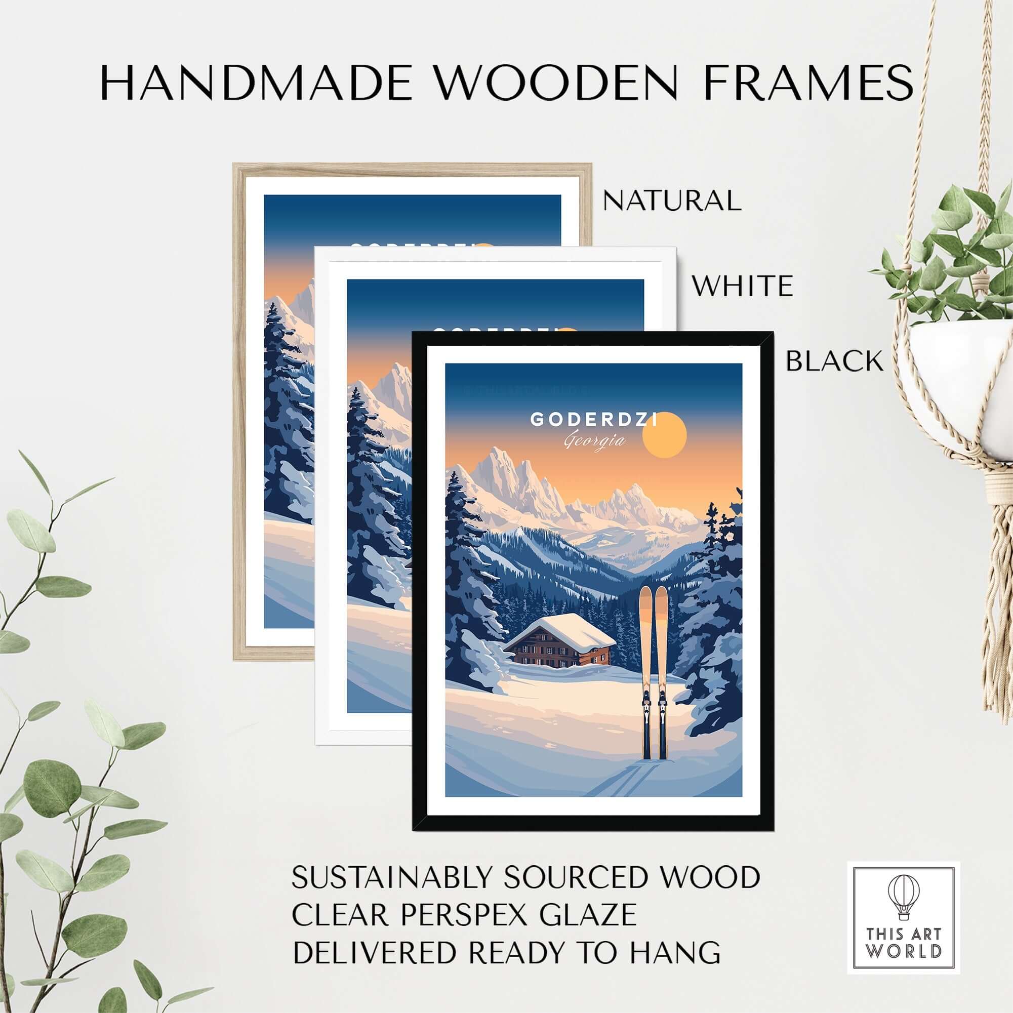 Handmade wooden frames in natural, white, and black styles for showcasing ski prints from Goderdzi, Georgia.