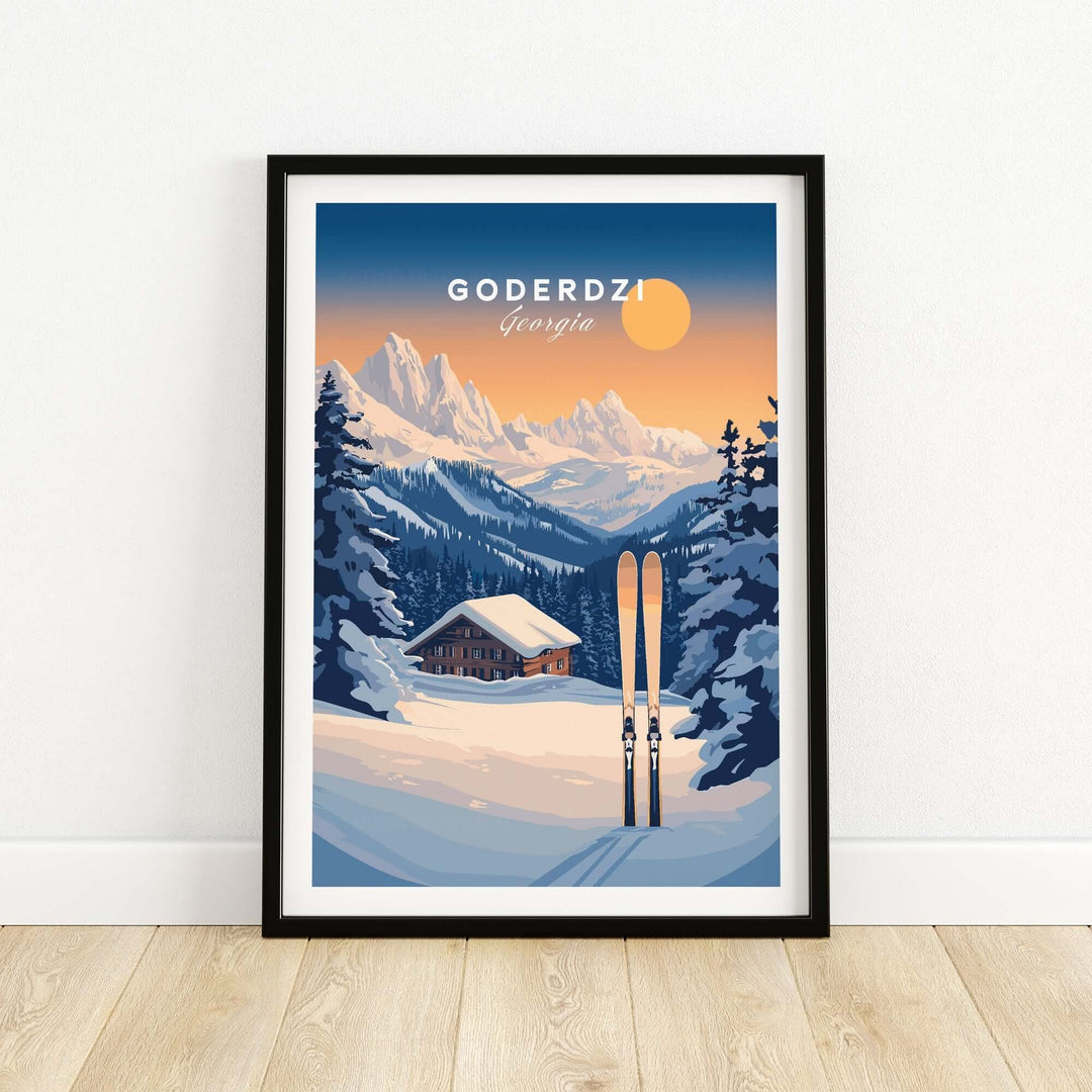 Ski print showcasing Goderdzi Georgia's stunning mountains and sunset, perfect for ski lovers' home decor.