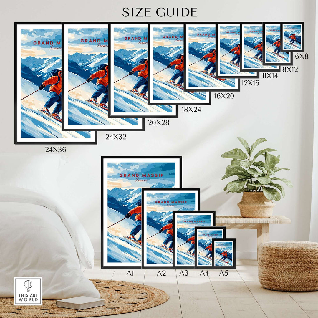 Ski Print Grand Massif France size guide with framed options displayed in a modern home setting.