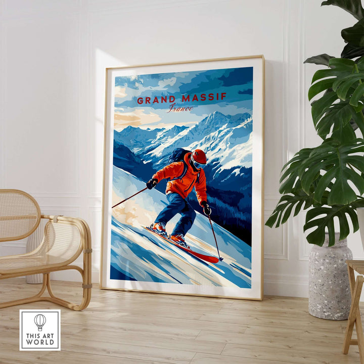 Ski Print Grand Massif France showcasing a skier on the slopes with mountain backdrop, perfect for home decor.