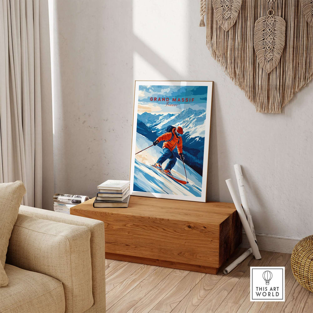 Ski print of Grand Massif, France featuring skier on snowy slopes in a stylish home setting.