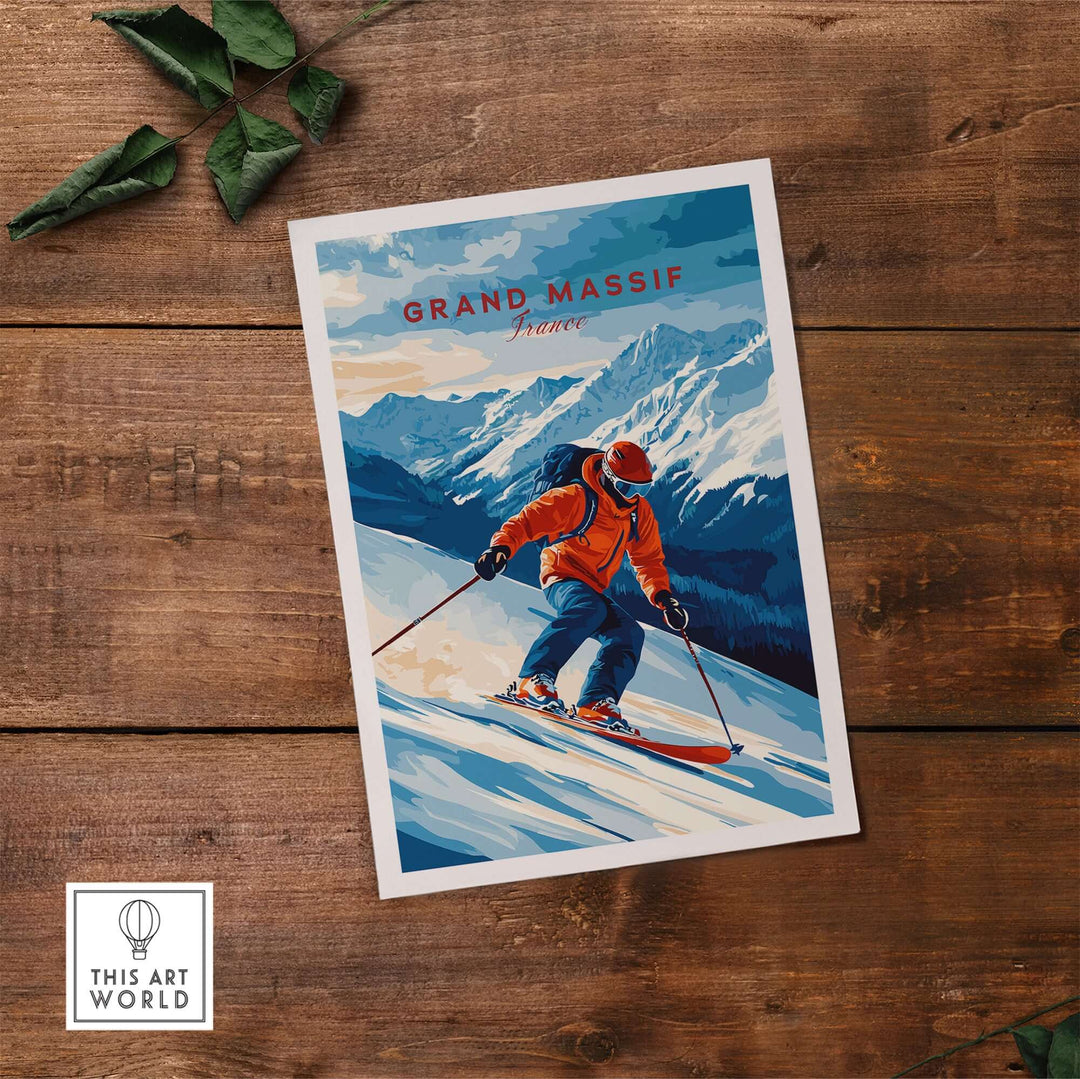 Ski Print of Grand Massif, featuring a skier on snowy slopes with majestic mountain backdrop.