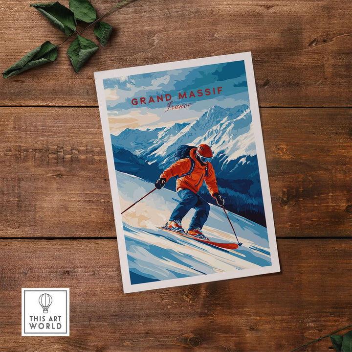 Ski Print of Grand Massif, featuring a skier on snowy slopes with majestic mountain backdrop.