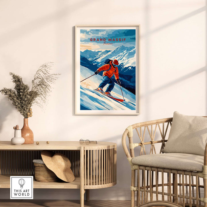 Ski Print Grand Massif France showcasing a skier against majestic alpine mountains, perfect for home decor.