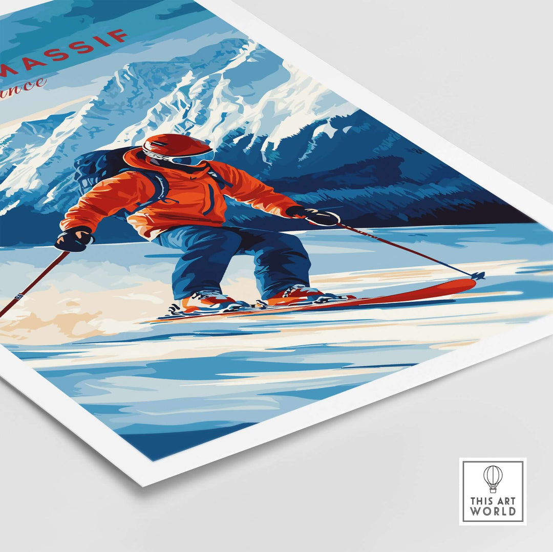 Ski Print Grand Massif France featuring a skier on picturesque slopes with stunning mountain backdrop.