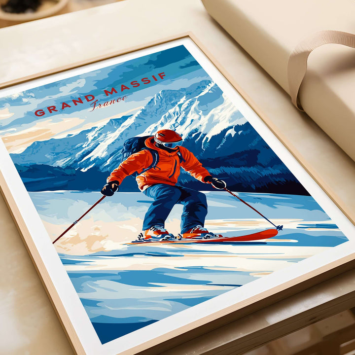 Ski print of a skier in the Grand Massif, France, showcasing stunning alpine scenery and vibrant colors.