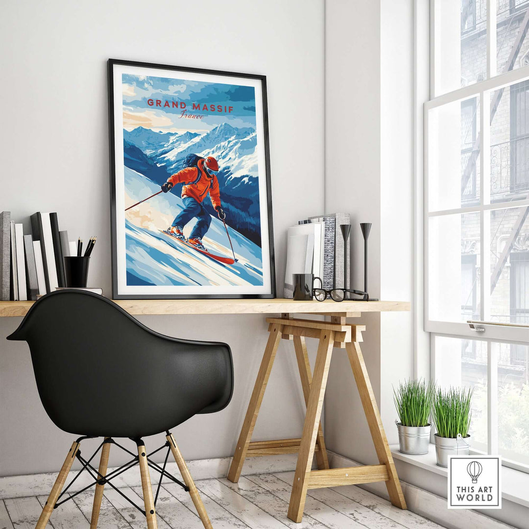 Ski Print Grand Massif France showcasing skier against stunning mountain scenery, perfect for home or office decor.