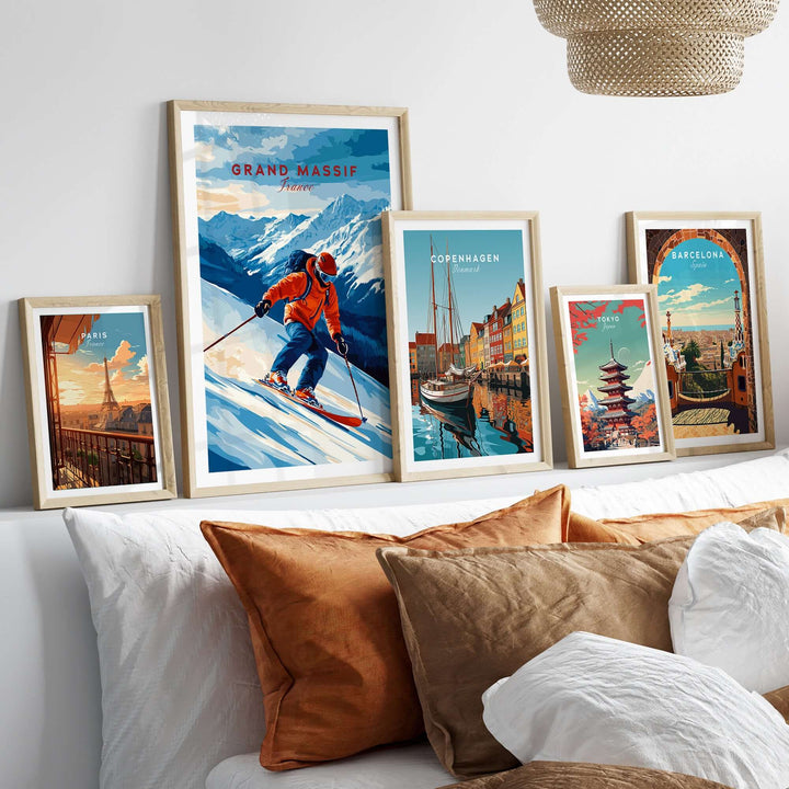 Ski Print Grand Massif France showcasing a skier against majestic mountain backdrop, perfect decor for adventure lovers.