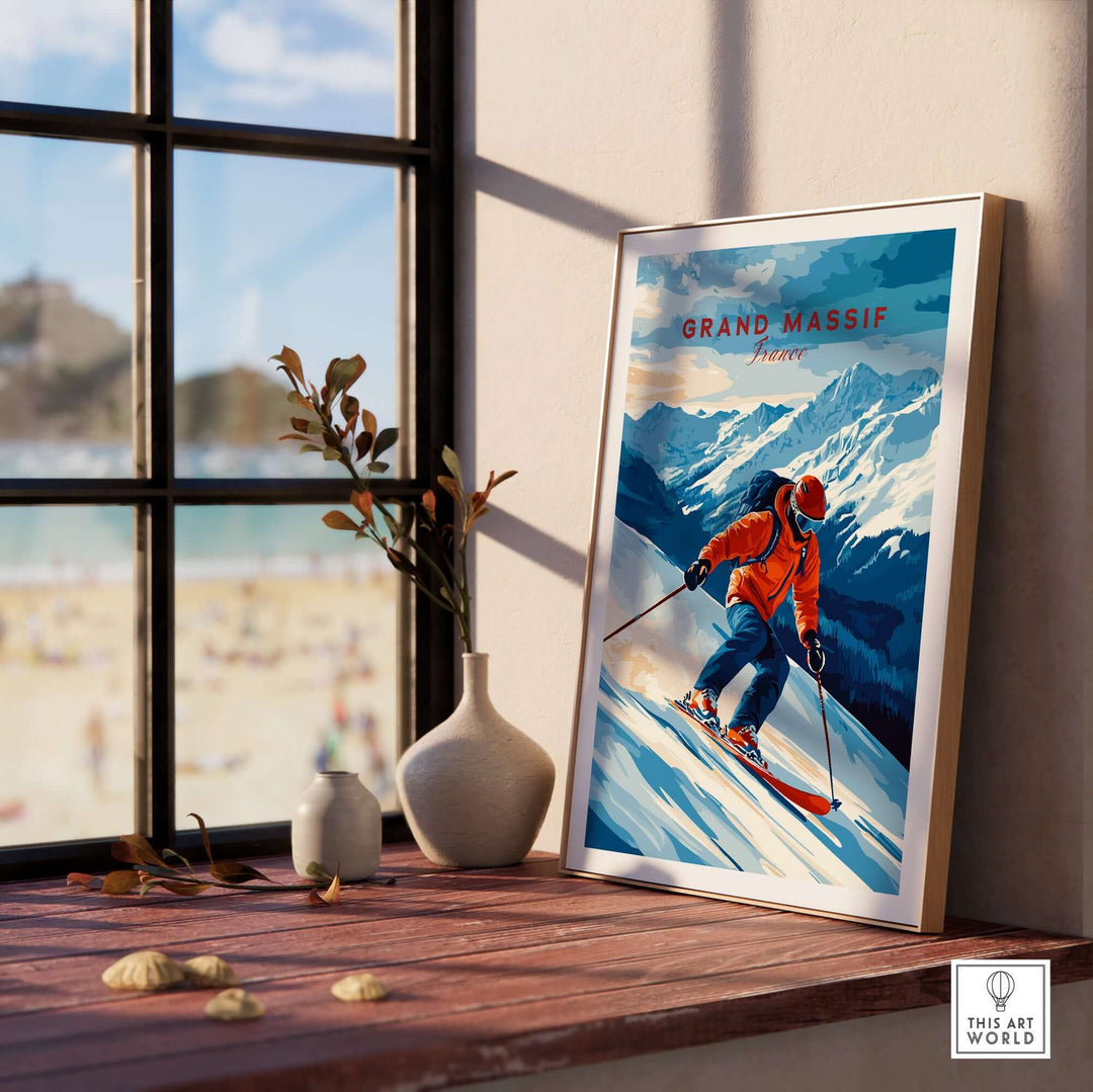 Framed Ski Print of Grand Massif, showcasing a skier, mountain peaks, perfect for home or office decor.