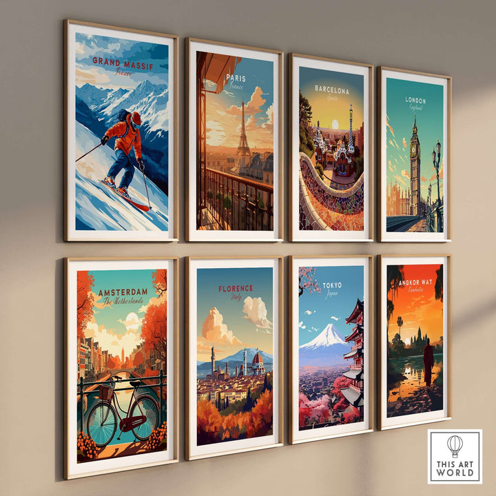 Colorful wall art prints featuring iconic cities and ski images, including Grand Massif, Paris, and Barcelona.