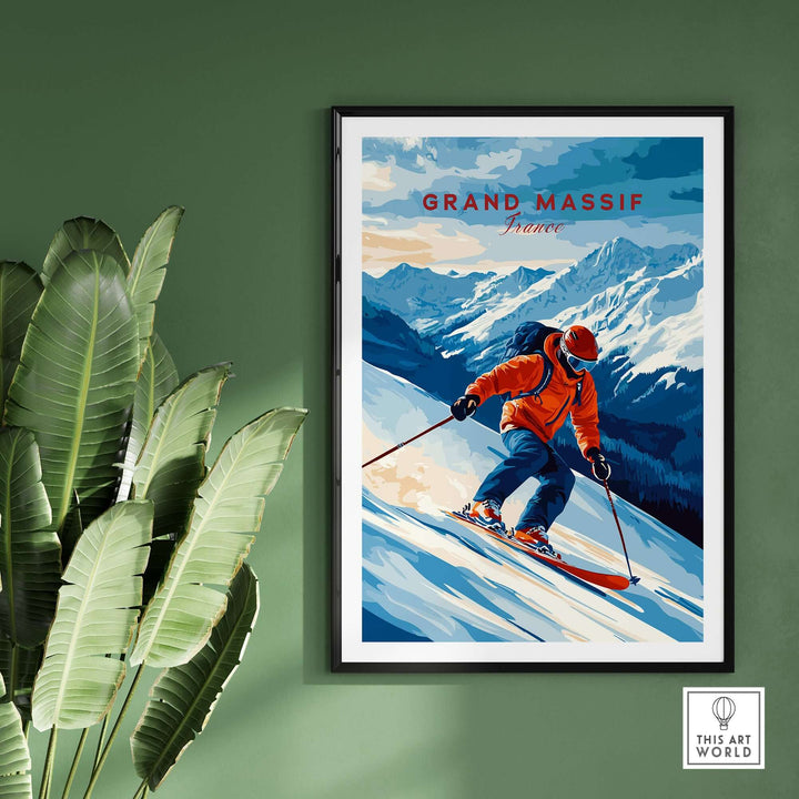 Ski print featuring skier in Grand Massif, France with mountain backdrop, perfect for home decor.