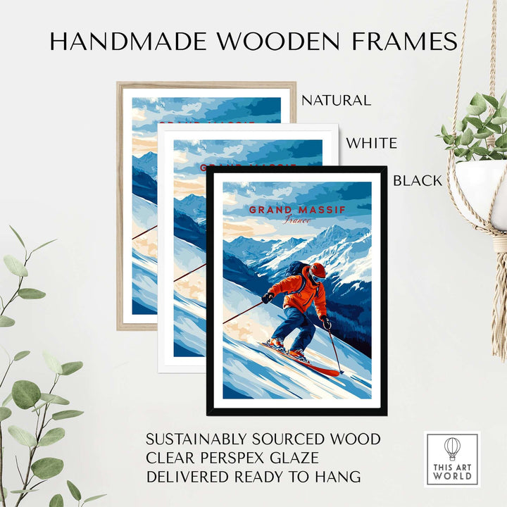 Handmade wooden frames for Grand Massif ski print, available in natural, white, and black, featuring clear perspex glaze.