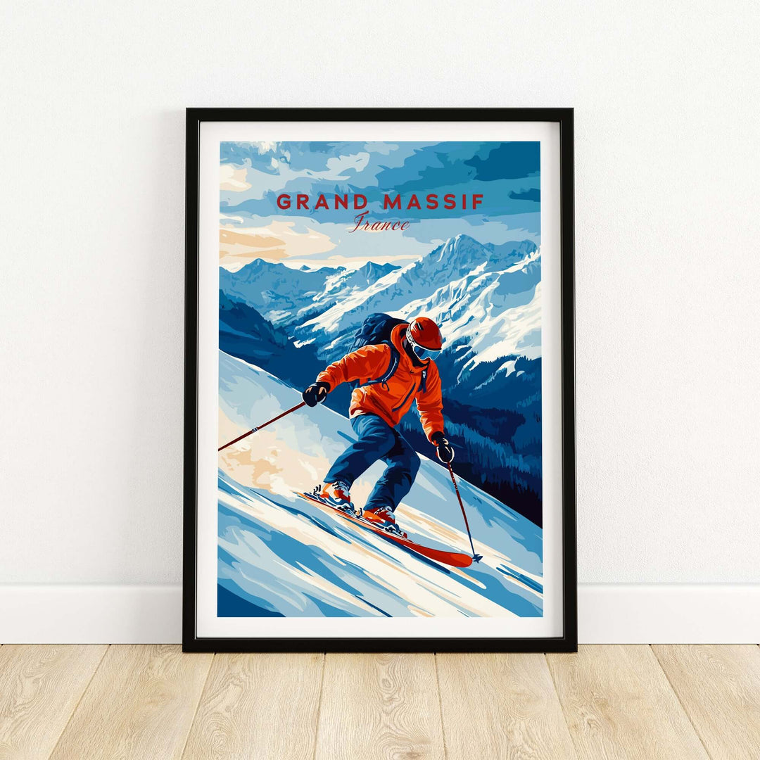 Ski print of Grand Massif in France showcasing a skier amidst stunning mountain landscapes.