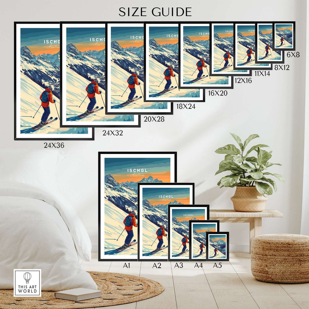 Size guide showcasing Ski Print Ischgl Austria in various frame sizes, displayed in a stylish home setting.