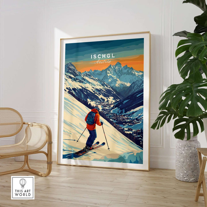 Ski Print showcasing Ischgl, Austria with vibrant mountains and a skier, perfect for home decor lovers.