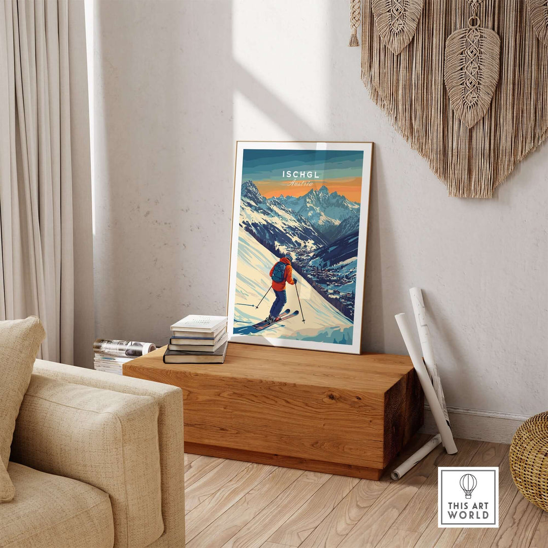 Ski Print Ischgl Austria displayed in a stylish living room, showcasing vibrant colors and mountain scenery for home decor.