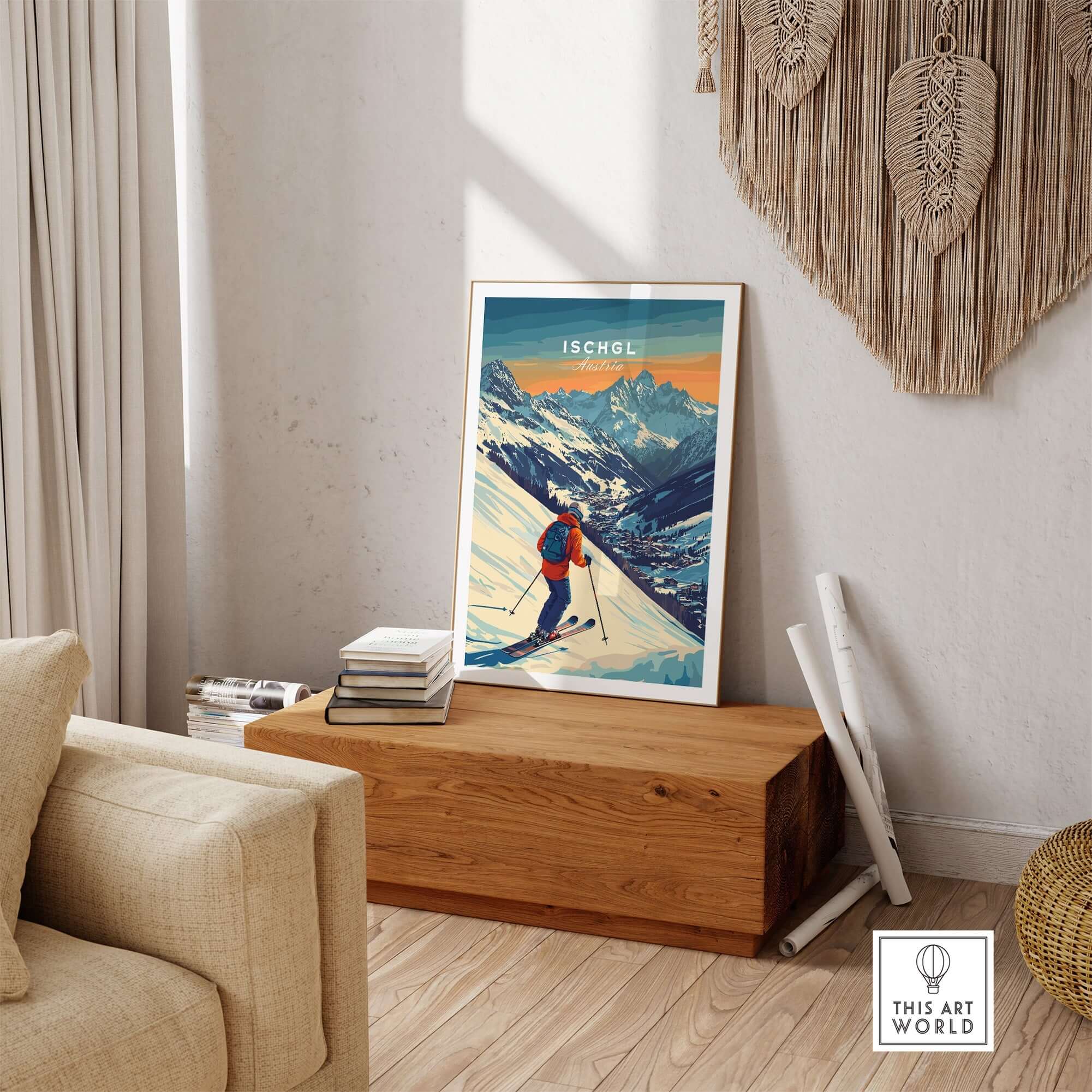 Ski Print Ischgl Austria displayed in a stylish living room, showcasing vibrant colors and mountain scenery for home decor.