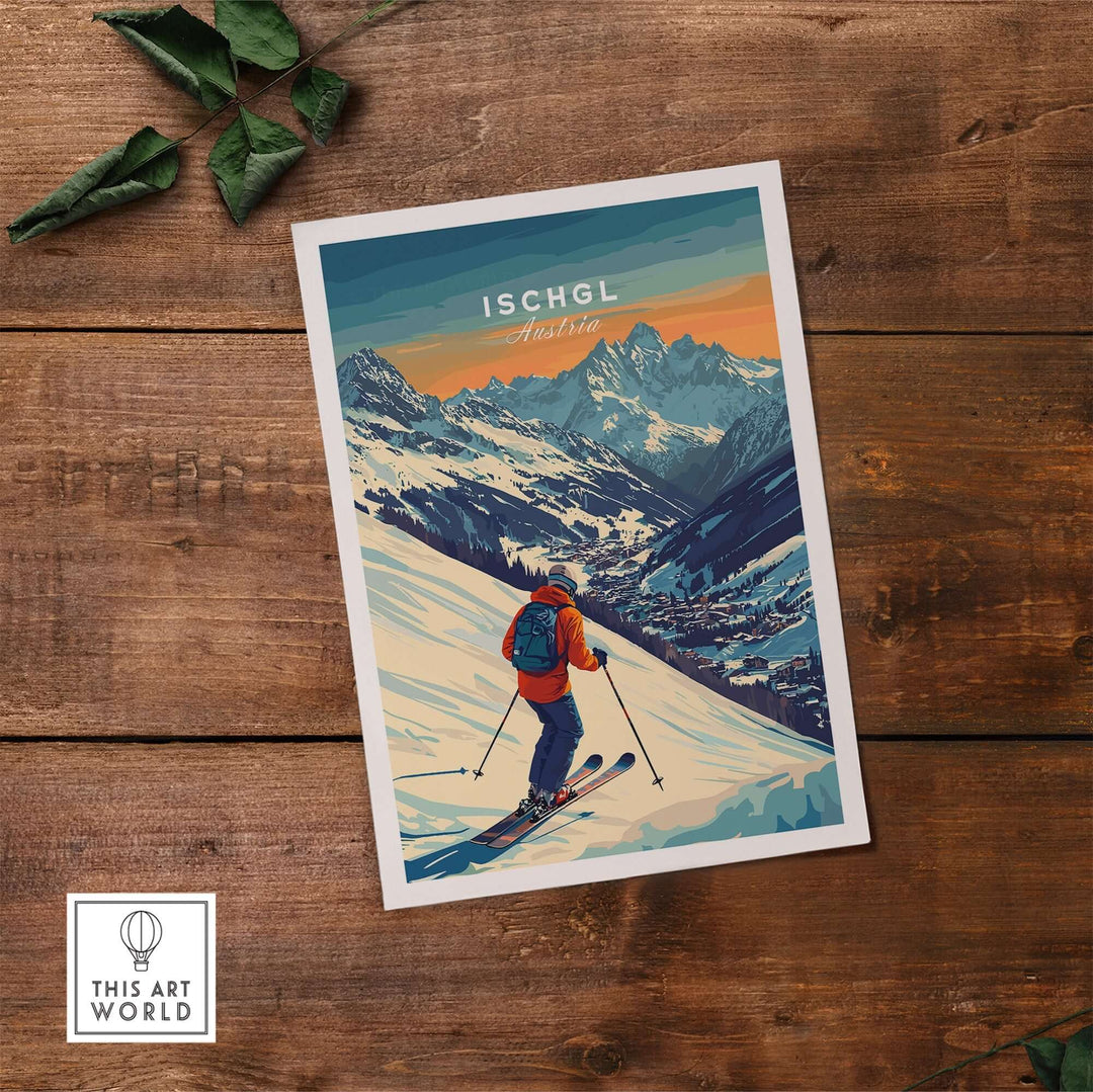 Ski print showcasing Ischgl, Austria, featuring a skier against a vibrant mountain backdrop. Perfect for ski enthusiasts.