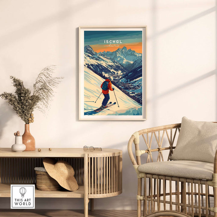 Ski print of Ischgl, Austria displayed in a stylish living room, showcasing vibrant colors and mountain scenery.