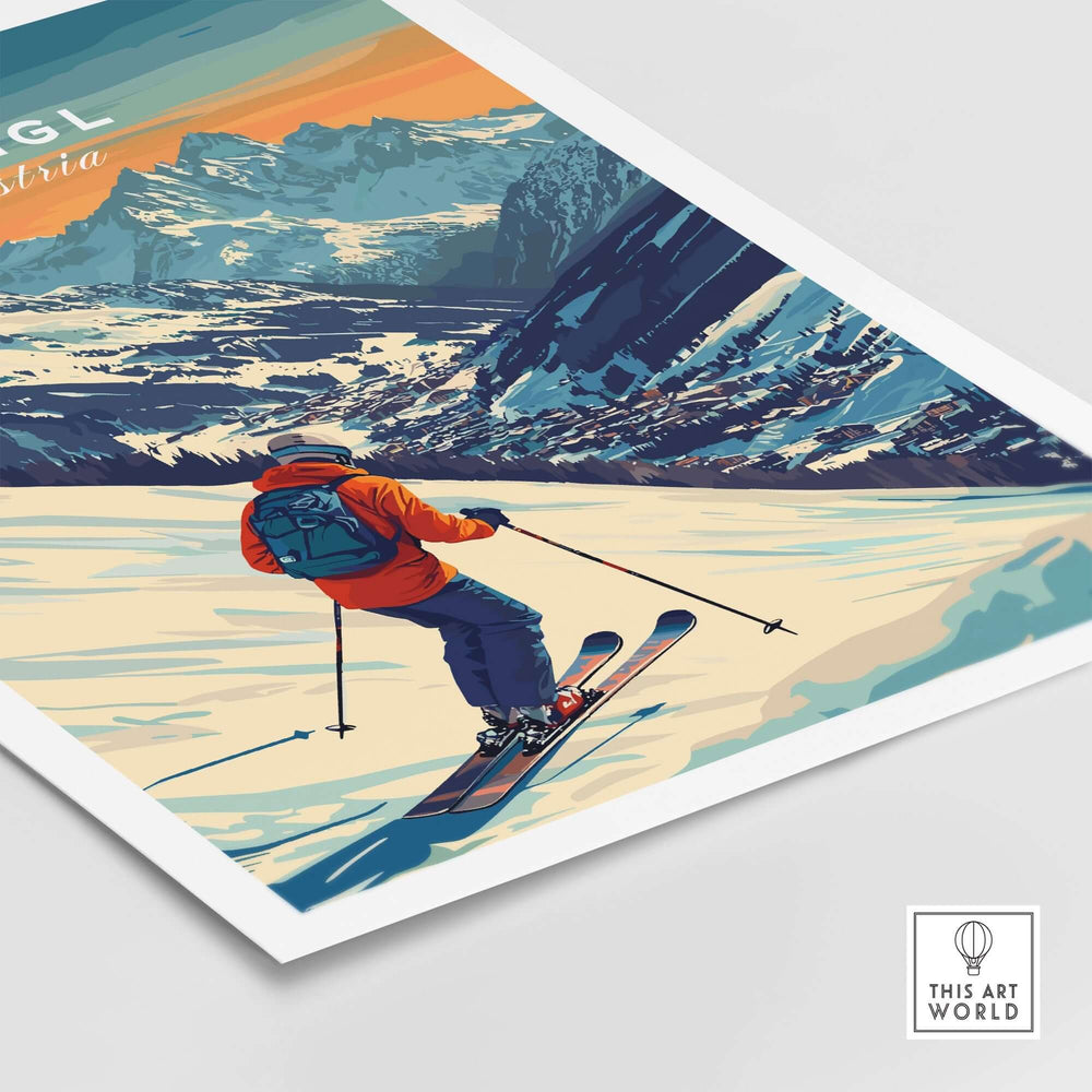 Ski print of a skier in Ischgl, Austria, showcasing vibrant mountains and stunning detail, perfect for home decor.