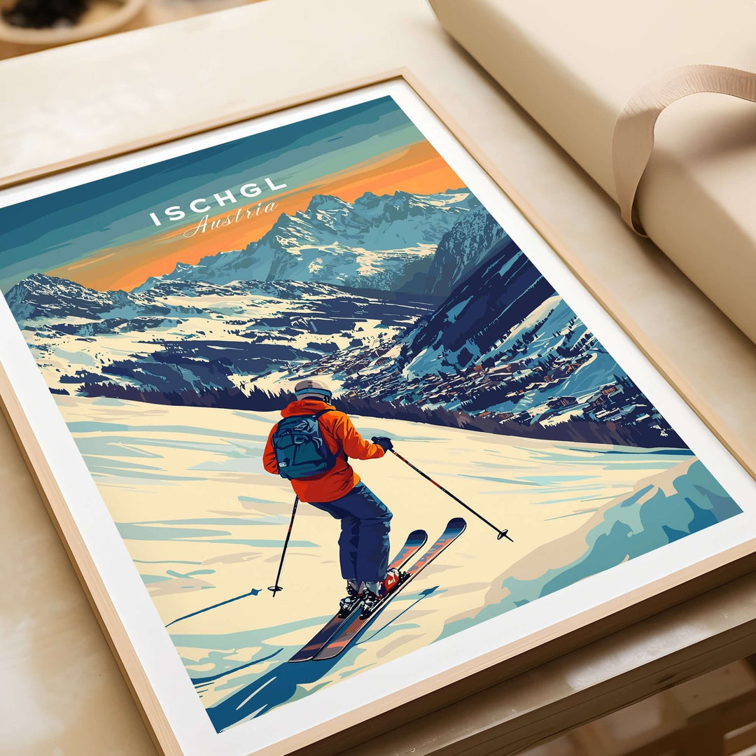 Ski Print of Ischgl, Austria, featuring a skier descending a mountain with vibrant colors and stunning scenery.