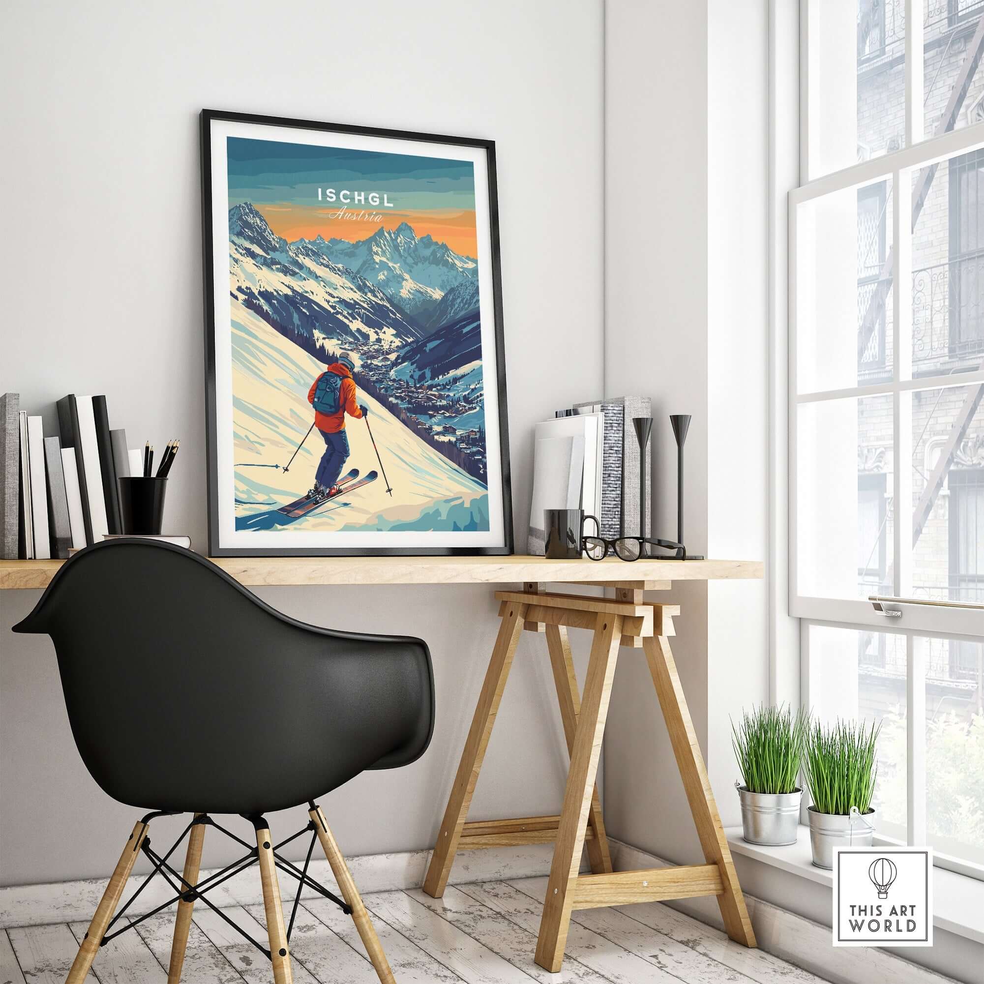 Framed Ski Print of Ischgl, Austria, showcasing vibrant colors and mountain scenery in a stylish home office setting.